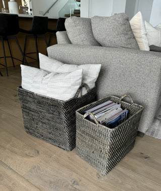 Loma Rectangular Tall Decorative Rattan Storage Basket with Ear Handles, Small, Black Wash