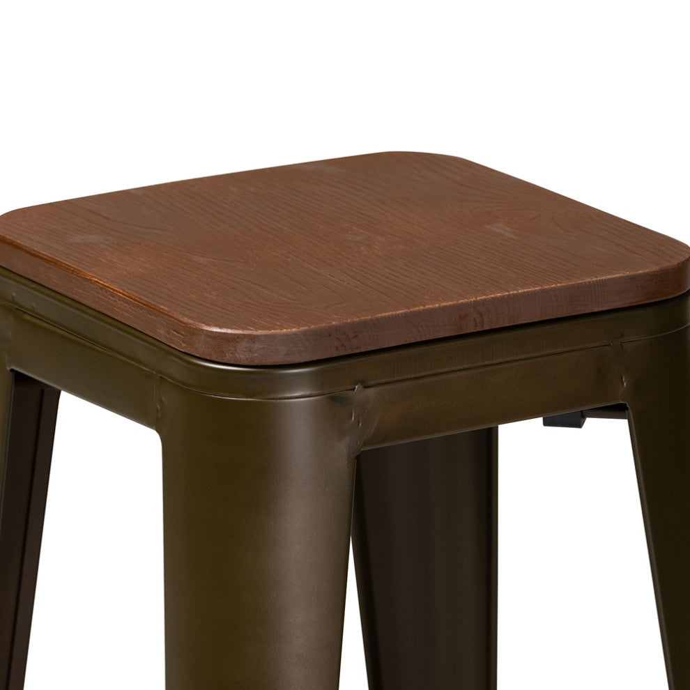 Modern Brown Metal and Walnut Brown Finished Wood 4-Piece Bar Stool Set