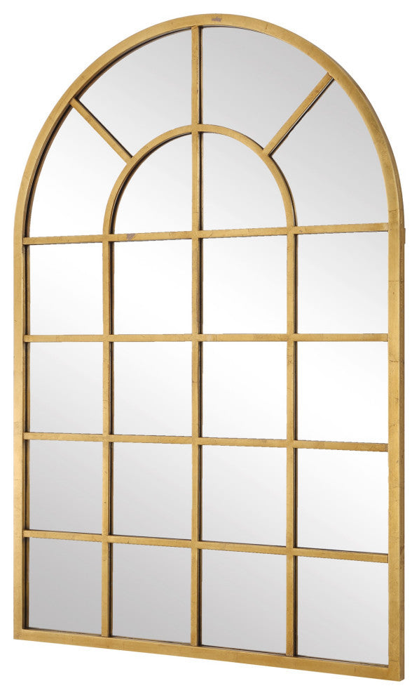 44 Inch Wood Wall Mirror, Arched Windowpane Shape, Antique Gold