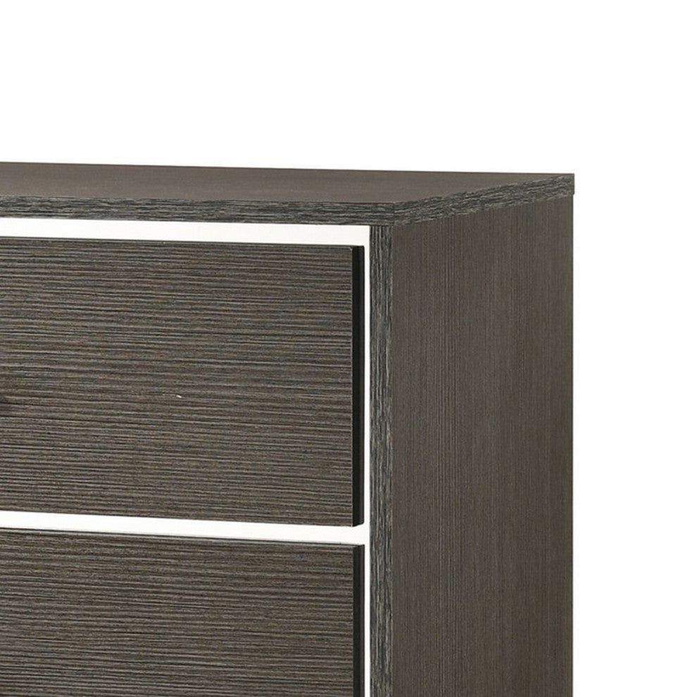 Benzara BM225886 5 Drawer Wooden Chest With Mirror Trim Accents, Gray