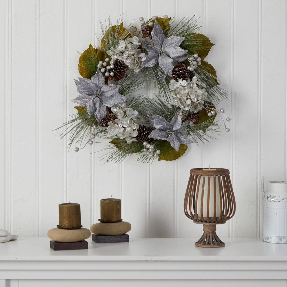 W1318 24 Silver Poinsettia, Hydrangea and Pinecones Artificial Christmas Wreath