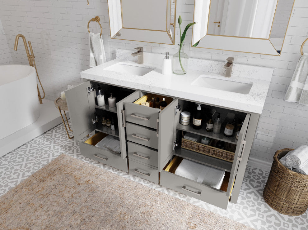 Malibu 60 Double Sink Vanity in Elephant Skin Gray 2" Calacatta Poanazzo