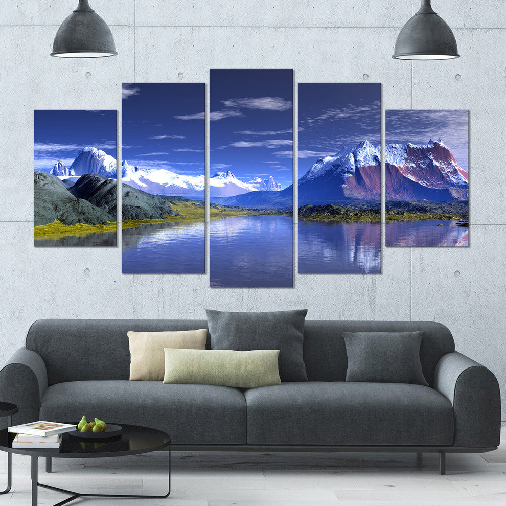 3D Rendered Mountains and Lake, Landscape Canvas Art Print, 60"x32", 5 Panels