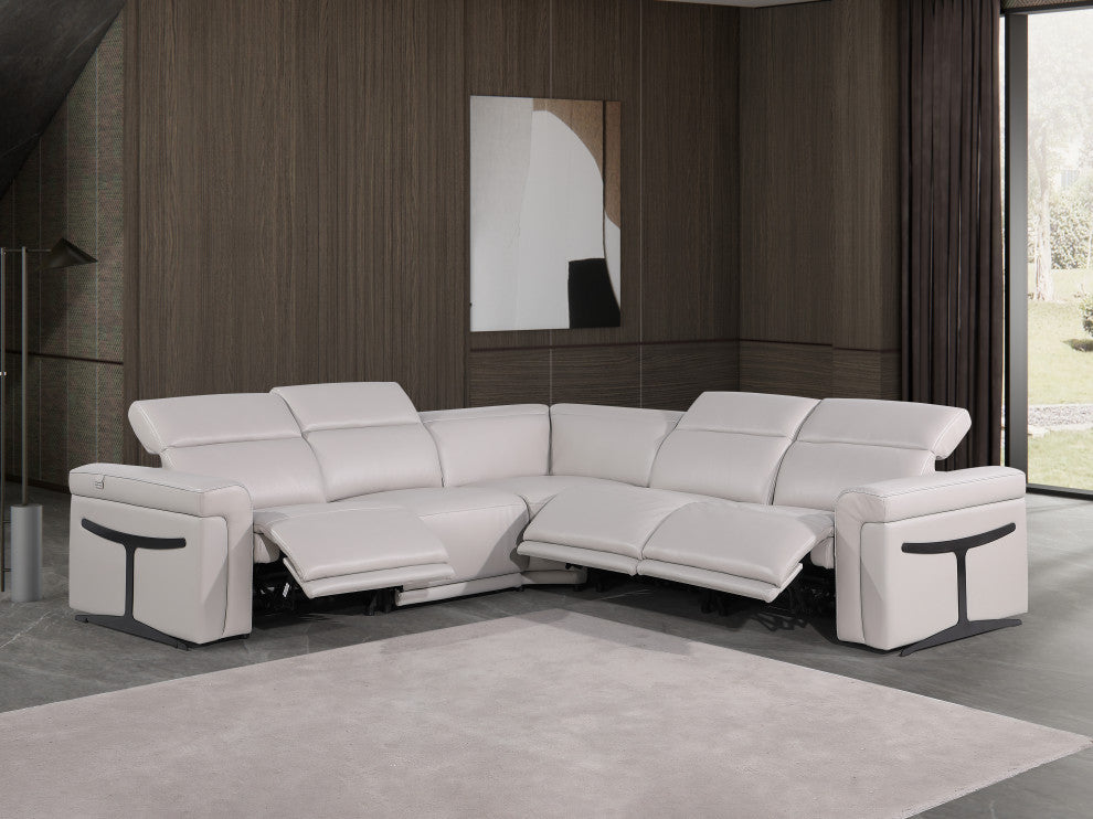 Giovanni 5-Piece 3-Power Reclining Italian Leather Sectional, Light Gray