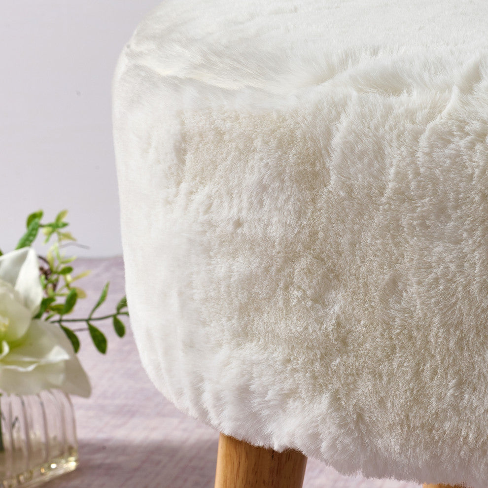 Solid Heavy Faux Fur Oval Ottoman, Bright White