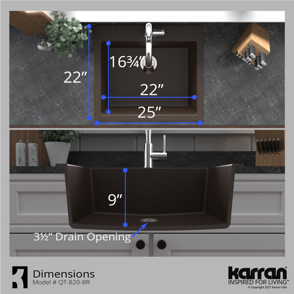 Karran QT-820 Top Mount 25" Single Bowl Quartz Kitchen Sink, Brown