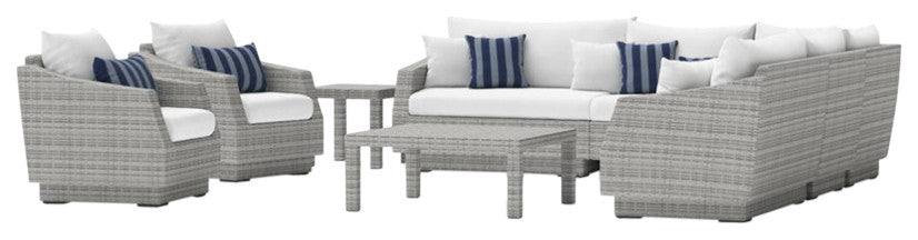 Cannes 9 Piece Sunbrella Outdoor Corner Sectional and Club Chair Seating Set, Centered Ink