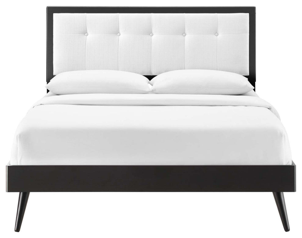 Platform Bed Frame, Queen Size, Fabric, Wood, Black White, Modern Mid-Century
