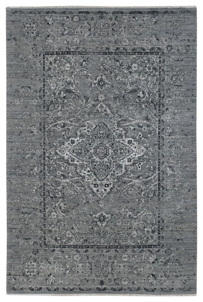 Gray, Broken Persian Erased Design, Silk With Wool Hand Knotted Rug, 6'x9'