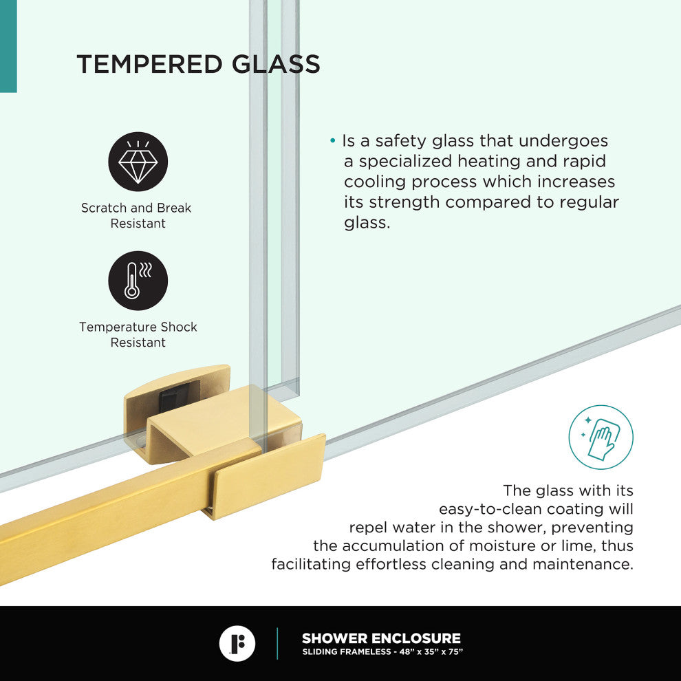 Frameless Shower Enclosure Sliding Shower Glass Door - Tempered Glass, Satin Brass, 48"