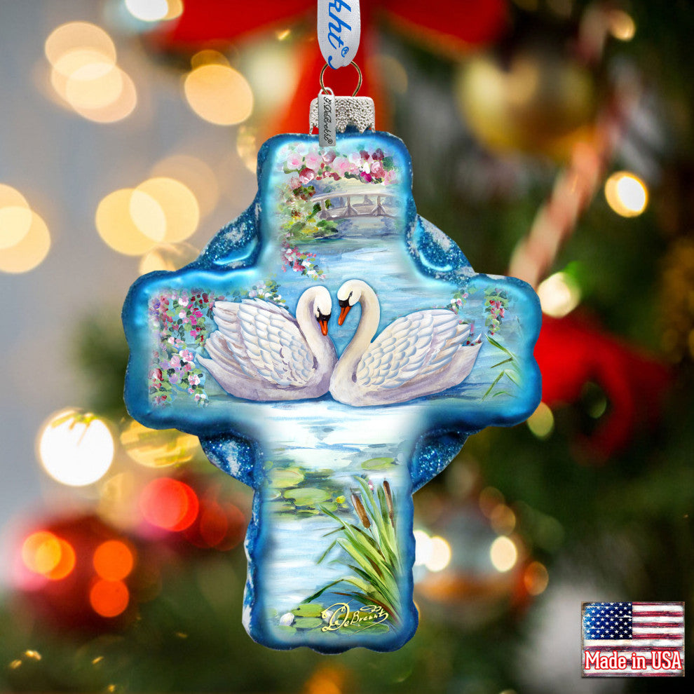 Love of Swans Cross Glass Ornament