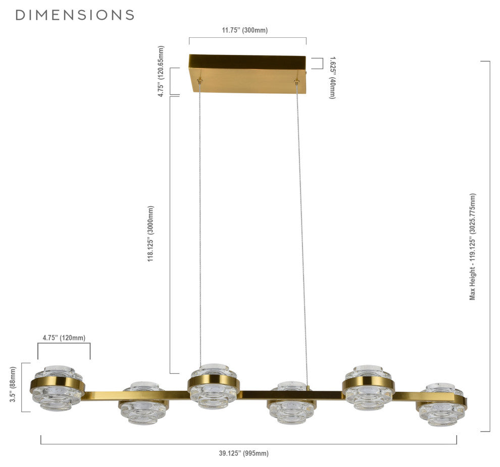 Milano 39" ETL Certified Integrated LED Adjustable Chandelier, Antique Brass
