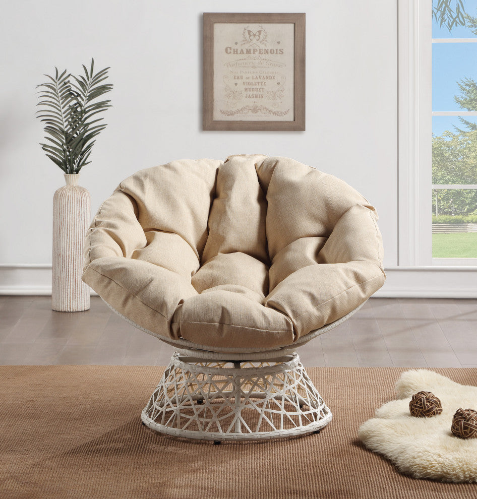 Papasan Chair With Cream Round Pillow Cushion and Cream Wicker Weave