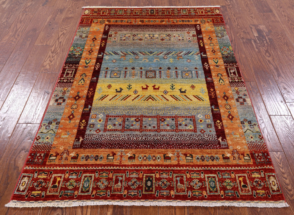 Tribal Gabbeh Handmade Wool Rug 4' 0" X 5' 10" Q4877