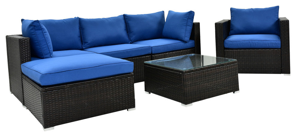 6 Pieces Outdoor Rattan Patio Sectional Sofa Set With Glass Table