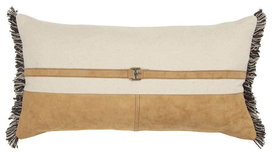 Camel Tone Leather Block Lumbar Pillow