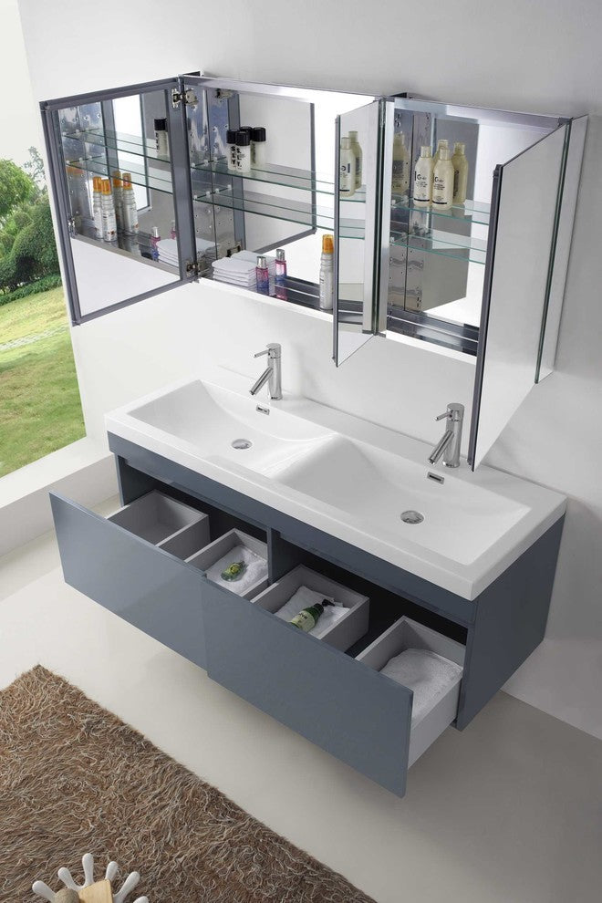 Virtu Zuri 55" Double Bathroom Vanity, Gloss White, Polished Chrome Faucet