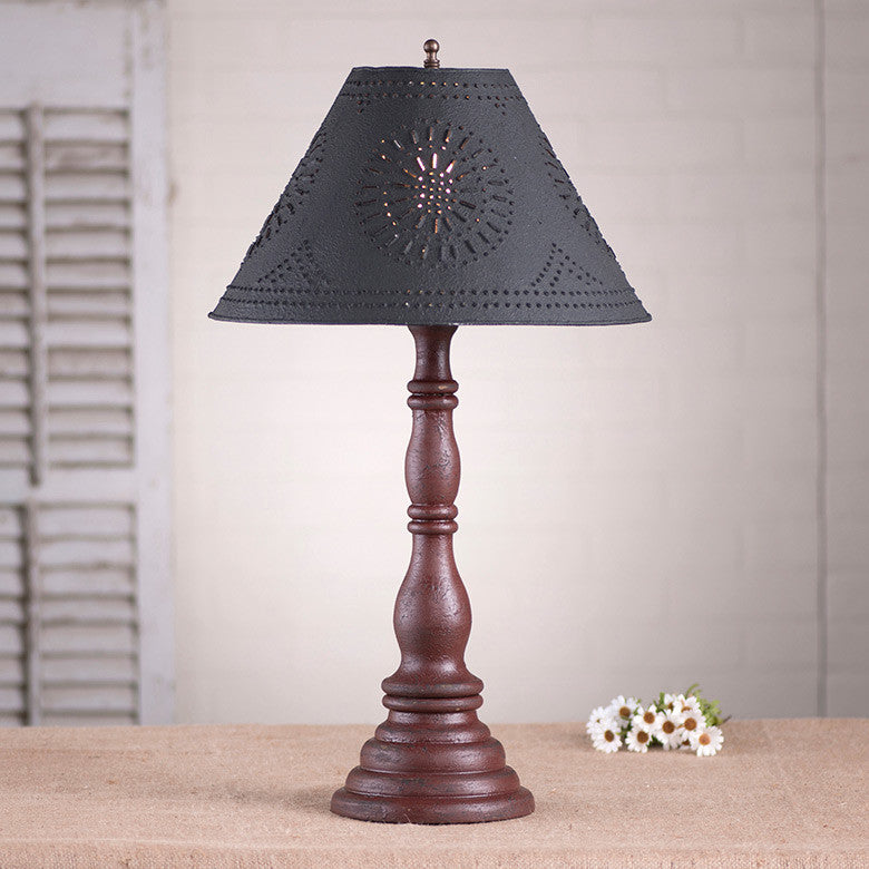 Wood Table Lamp With Punched Tin Shade USA Handmade Davenport, Americana Red