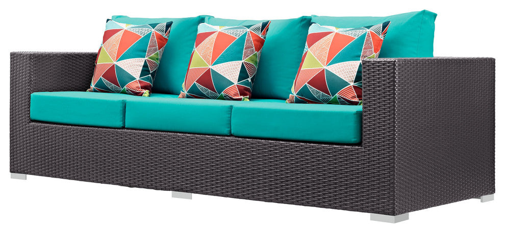 Lounge Sectional Sofa and Table Set, Rattan, Wicker, Dark Brown Blue, Outdoor