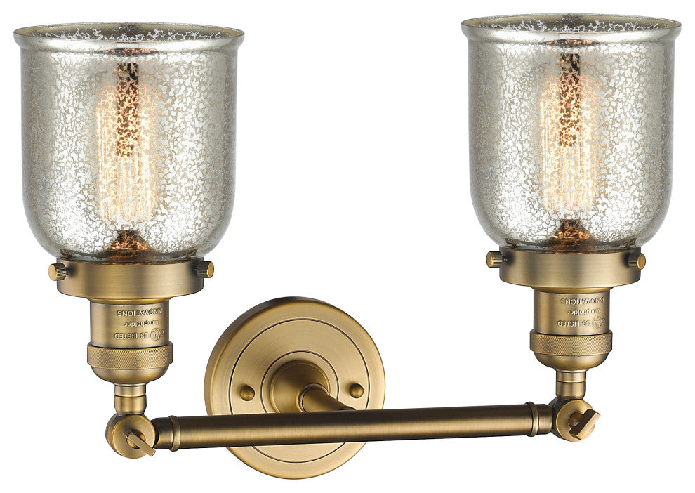 2-Light Small Bell 16" Bath Fixture, Brushed Brass, Glass: Silver Mercury