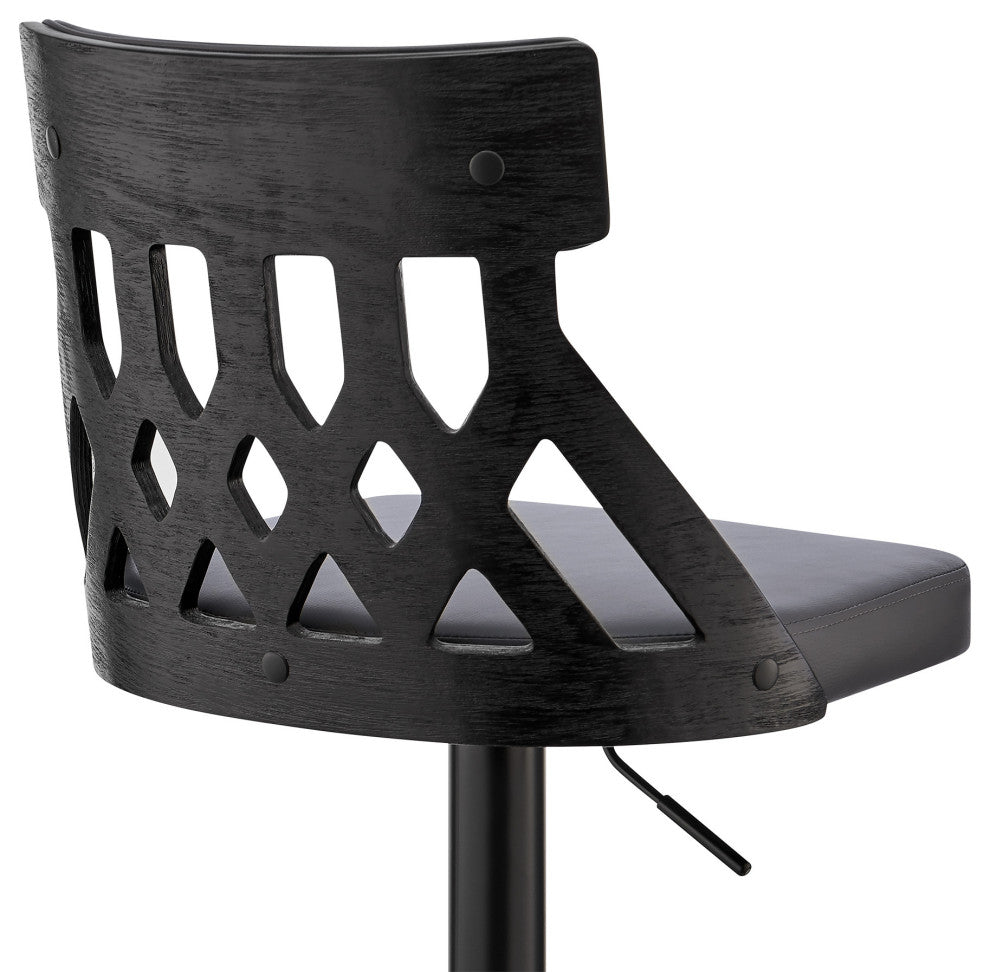 Adjustable Gray Faux Leather and Black Lattice Bar Stool