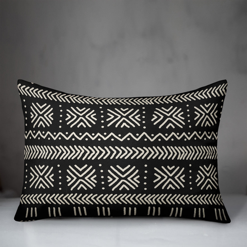 Black Mudcloth Pattern 14x20 Outdoor Throw Pillow