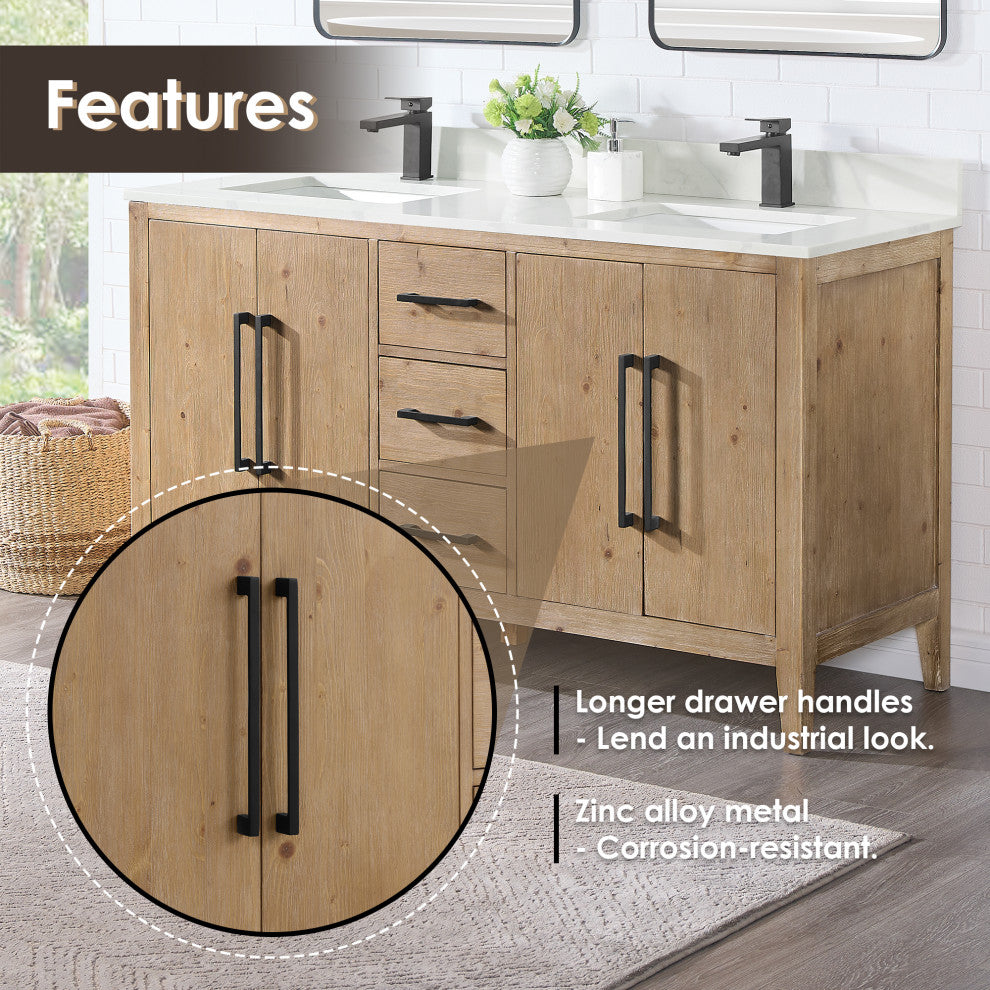 Laurel Bathroom Vanity with Calacatta White Quartz Stone Countertop, Weathered Fir, 60", Without Mirror
