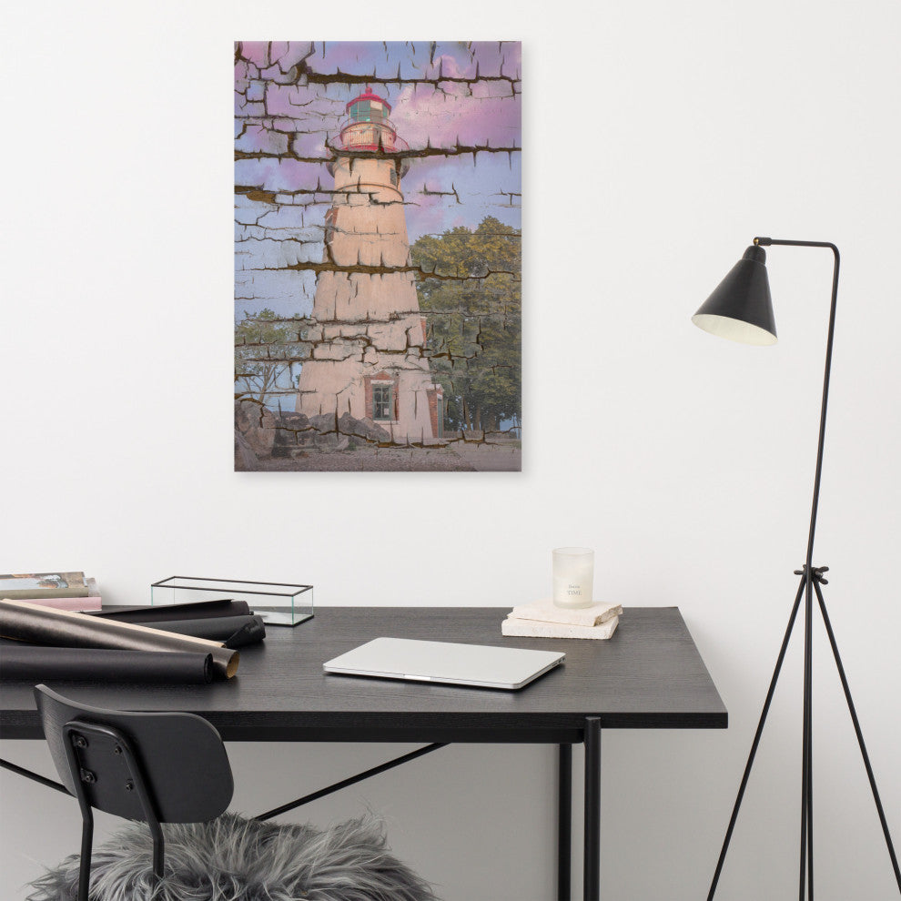 Faux Wood Texture Marblehead Lighthouse at Sunset Canvas Prints, 24" X 36"