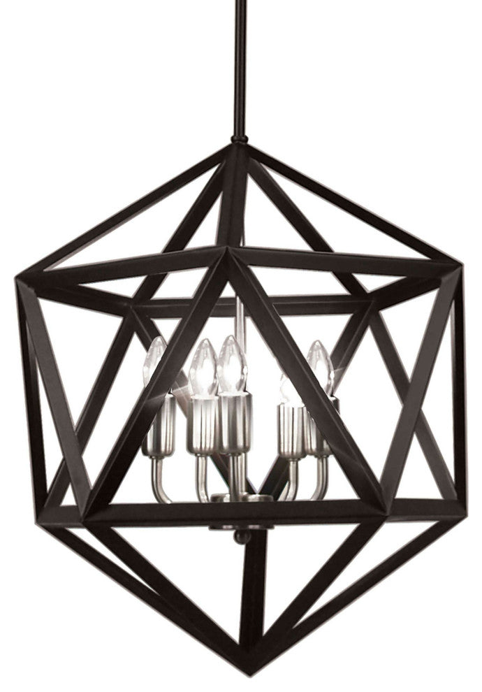 5 Light Chandelier, Matte Black with Satin Chrome Accents