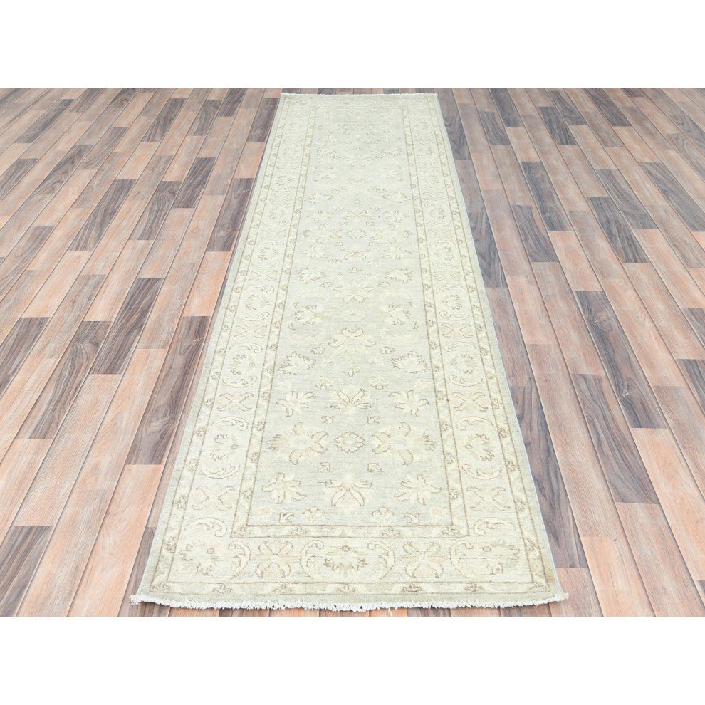 Ivory, Hand Knotted, Afghan Stone Washed Peshawar, Wool, Runner Rug, 2'9"x9'7"