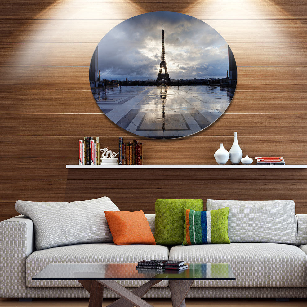 Reflection Of Eiffel Tower With Clouds, Cityscape Round Wall Art, 36"