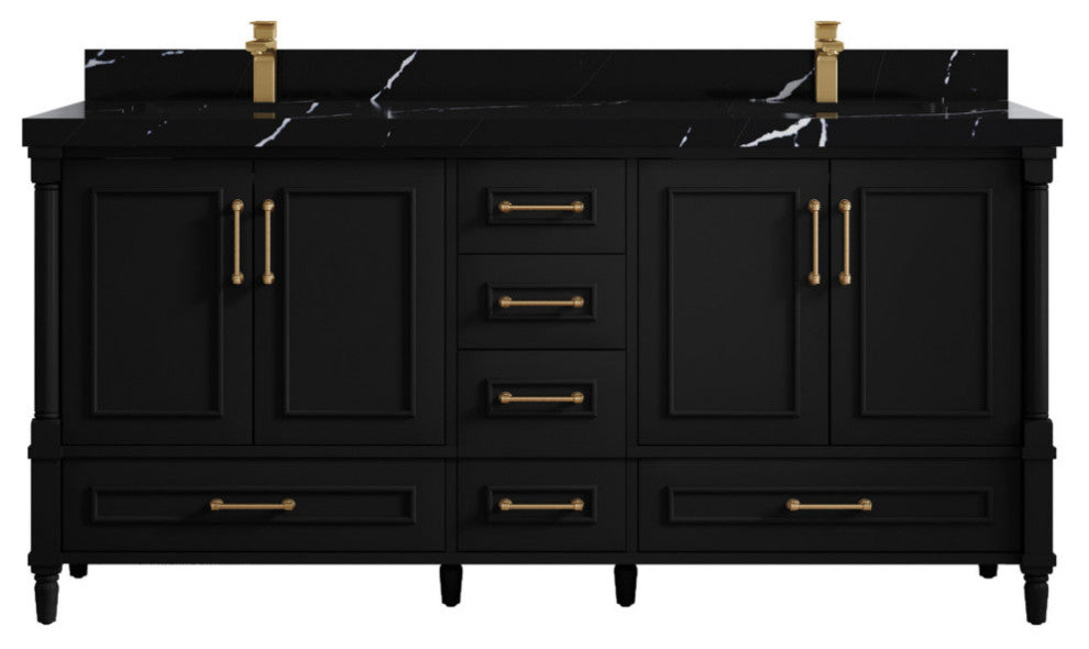 Aberdeen 72 Double Sink Bath Vanity In Black 2" Calacatta Black