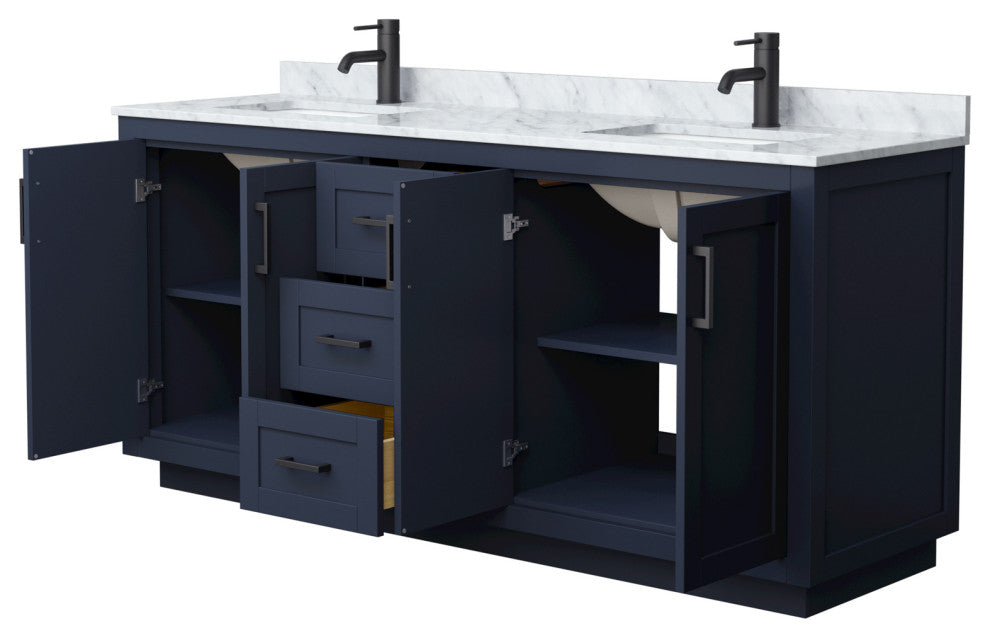 72" Double Bathroom Vanity, Dark Blue, Carrara Countertop, Sinks, Black Trim