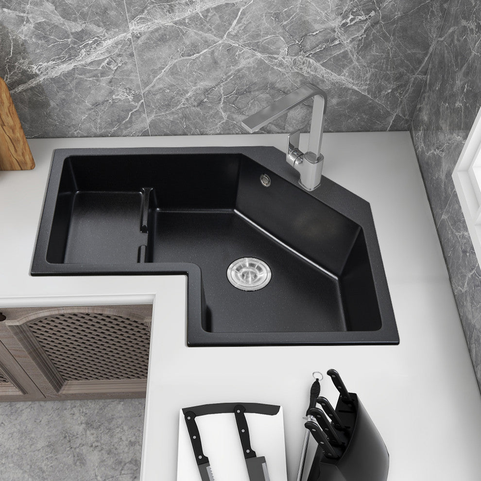 32" Modern Black Drop In Corner Kitchen Sink Single Bowl Quartz Irregular, Left Corner
