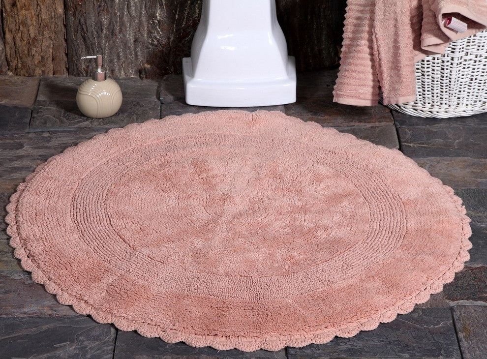 Saffron Fabs Bath Rug 36" Reversible Hand Knit Crochet Lace Border, Coral