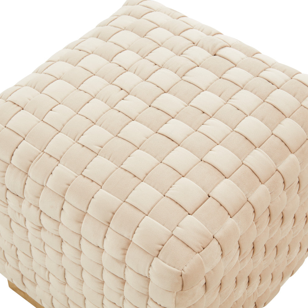 19-Inch Square Velvet Ottoman/Stool in Gold Stainless Steel, Beige