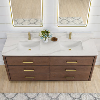 Porto Bath Vanity with White Quartz Stone Top, Dark Brown Oak, 72 in., No Mirror