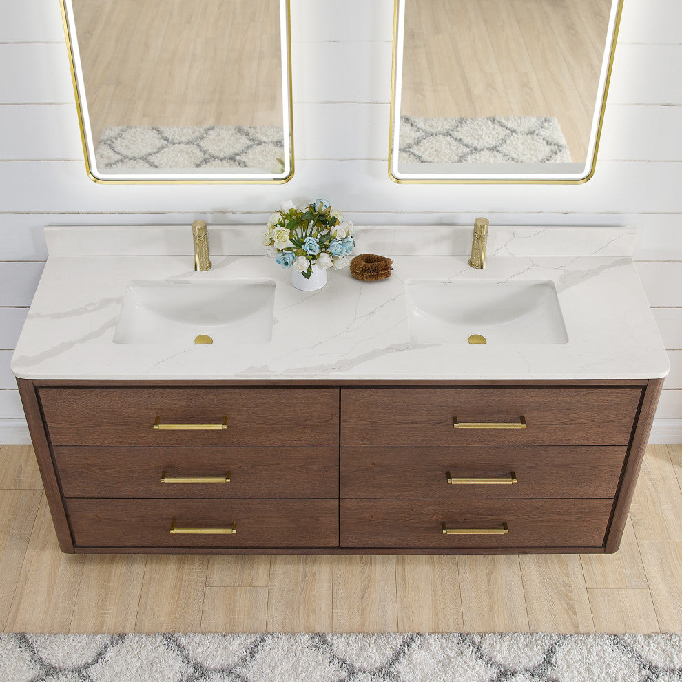 Porto Bath Vanity with White Quartz Stone Top, Dark Brown Oak, 72 in., No Mirror