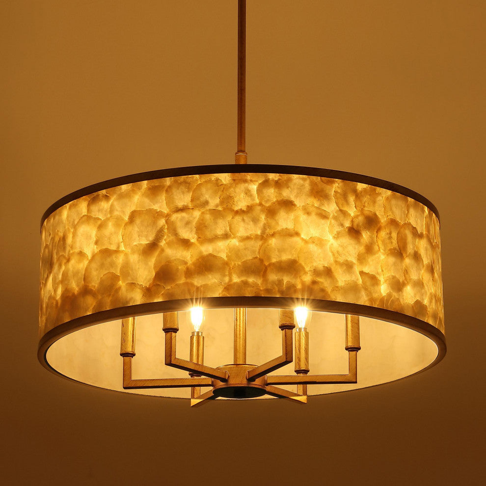 GetLedel 24" 6-Light Capiz Shell Drum Chandelier, Distressed Gold