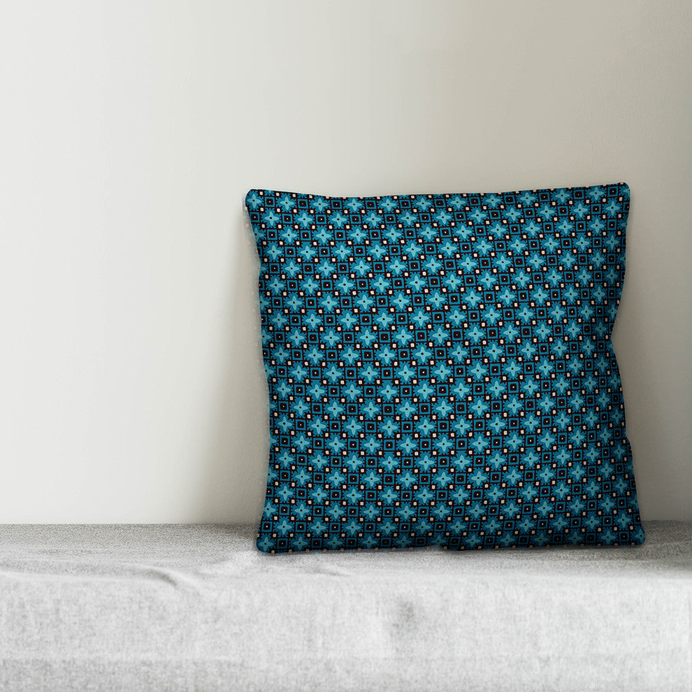 Blue Floral Squares Outdoor Throw Pillow, 20"x20"