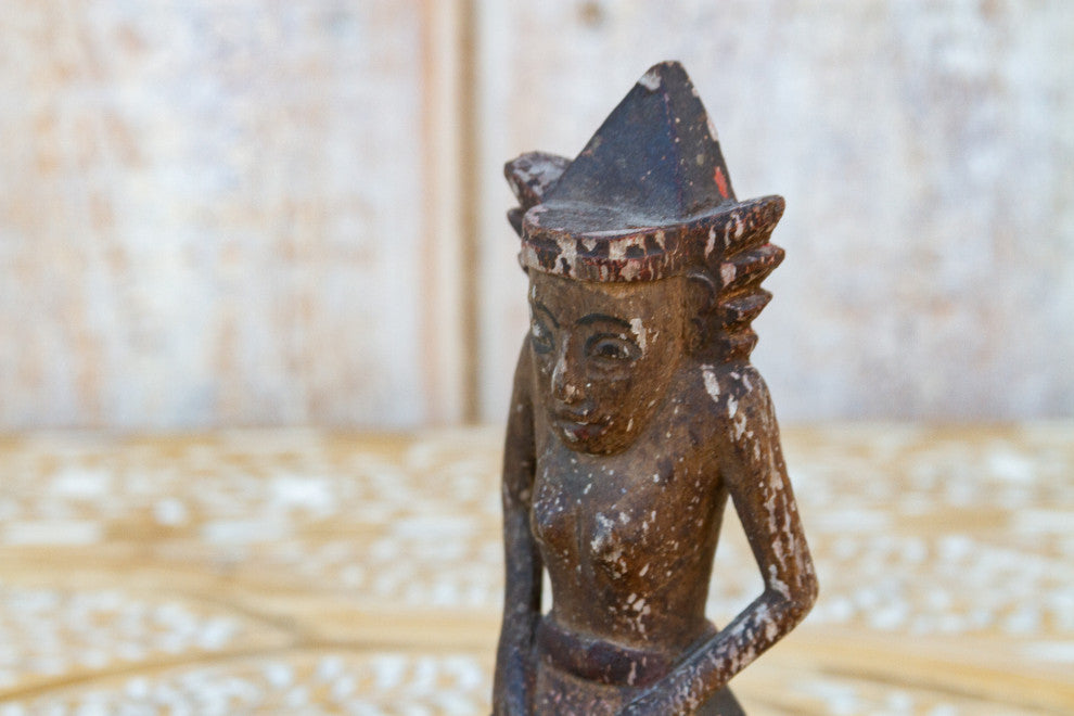 Antique Carved & Painted Balinese Praying Figurine