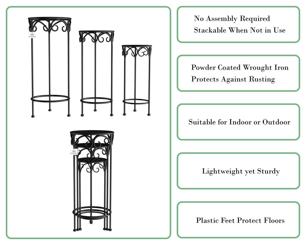 Pure Garden Set of 3 Nesting Metal Round Plant Stands, Black