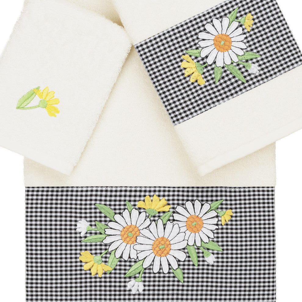 Linum Home Textiles Turkish Cotton Daisy 3-Piece Embellished Towel Set, Cream