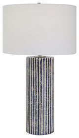 Rustic Coastal Cobalt Blue Ivory White Table Lamp 28 in Ceramic Cylinder