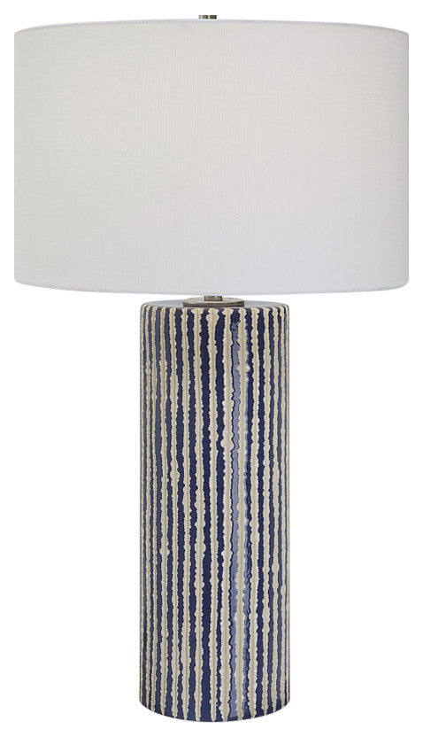 Rustic Coastal Cobalt Blue Ivory White Table Lamp 28 in Ceramic Cylinder