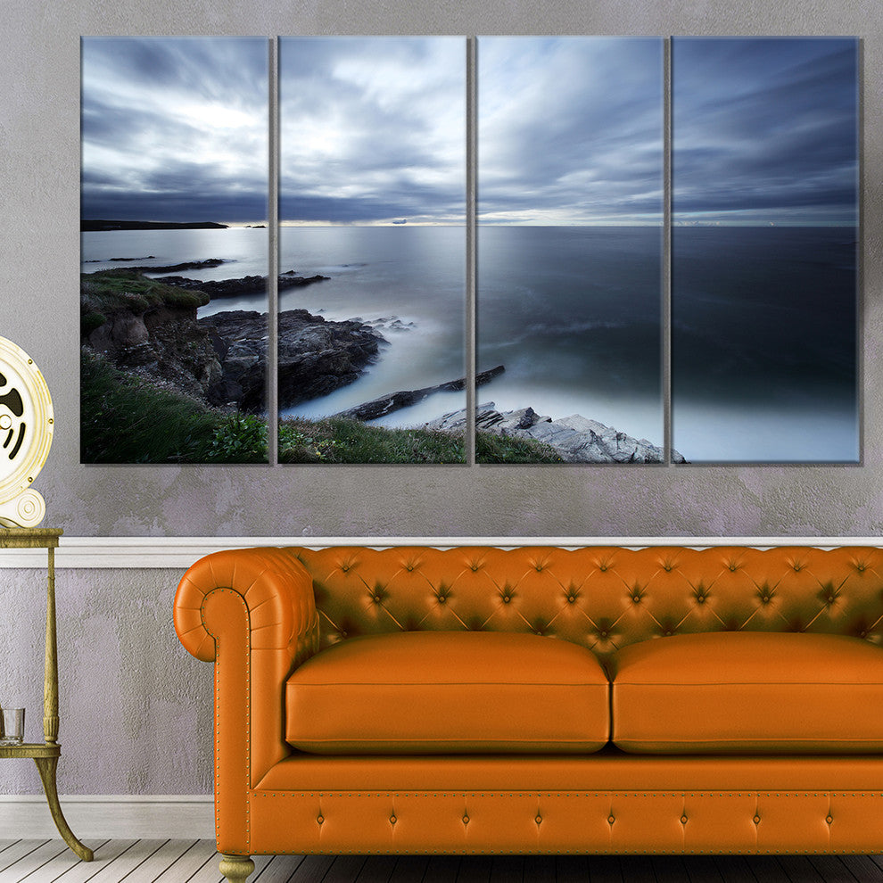 "Gloomy Bluish Atlantic Beach Portugal" Seashore Wall Art, 4 Panels, 48"x28"