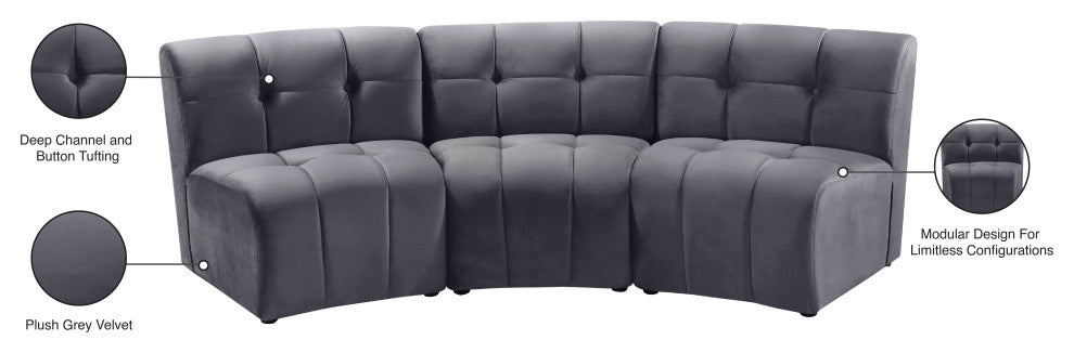 Limitless Velvet Upholstered 3-Piece Modular Sectional, Gray