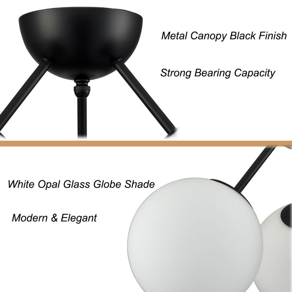 Modern Globe Semi Flush Mount Ceiling Light Sputnik Chandeliers, Black, 3-Light
