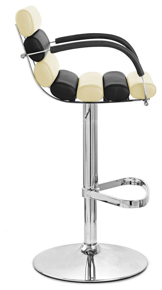 Modern Ego Bar Stool Black/Cream Leatherette Polished Chrome Adjustable Base