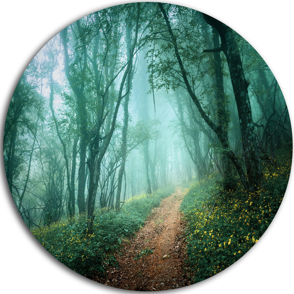 Light Green Mystical Fall Forest, Landscape Disc Metal Artwork, 23"